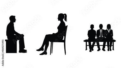 Job interview with candidates and interviewers in a stark silhouette