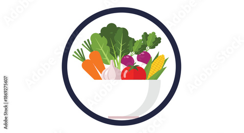 Healthy bowl filled with a variety of fresh vegetables like carrots, garlic, tomato, corn, radishes, and leafy greens in a circle.
