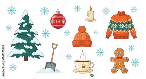Set of cozy winter icons featuring a snowy pine tree, warm clothing, hot tea, gingerbread man, and Christmas decorations on white.