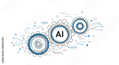 Abstract concept of artificial intelligence represented by interlocked mechanical gears with electronic circuit board patterns on white background.