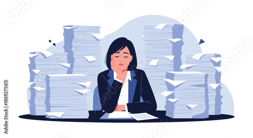 Stressed businesswoman sitting at office desk overwhelmed by massive stacks of paperwork and documents representing workload and bureaucracy.