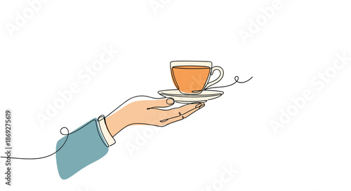 Elegant continuous line drawing with added color showing a hand holding a saucer and a cup filled with hot orange tea.
