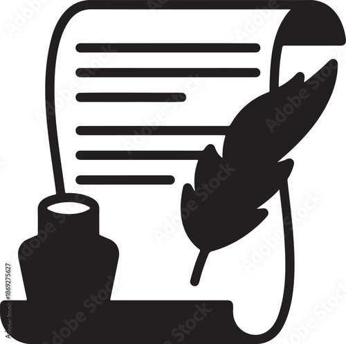 Black and white of a quill pen and inkwell with a scroll of paper