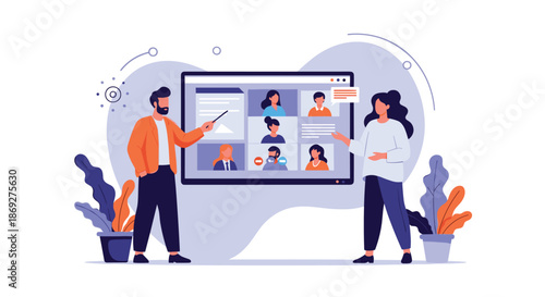 Professional team having a remote video conference meeting with multiple participants displayed on a large digital screen.