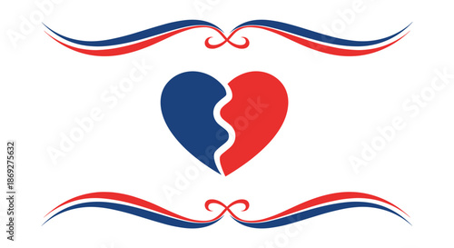 Stylized red and blue split heart icon centered between decorative nautical style wavy borders on a clean white background.