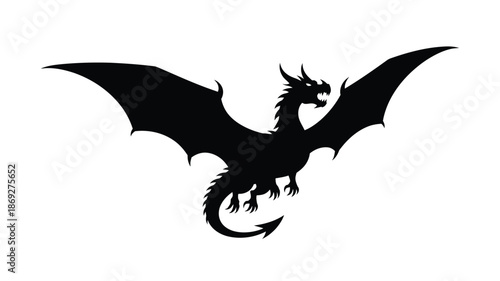 Majestic black dragon in flight wings spread detailed form silhouette