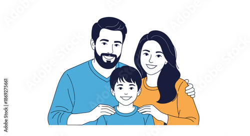 Happy family portrait of smiling father mother and young son embracing together in a warm and loving pose on white background.
