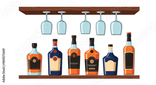 Collection of assorted alcoholic beverage bottles sitting on a wooden shelf with elegant wine glasses hanging above in a bar setting.