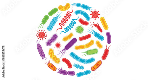 Multicolored collection of various bacteria, viruses, and microbes arranged in a circular formation for scientific education themes.