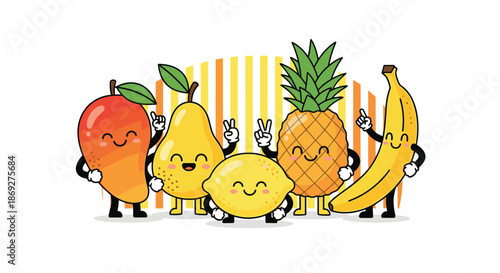 Collection of adorable smiling fruit characters including mango pear lemon pineapple and banana posing together against a striped background.
