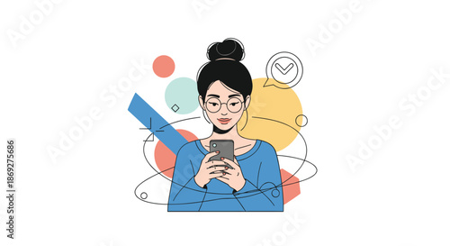 Modern young woman with glasses and hair in a bun focused on her smartphone against an abstract background of shapes.