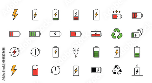 Collection of battery icons and power symbols representing charging levels, recycling, and energy efficiency for digital interfaces.