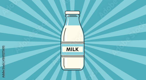Classic glass bottle of fresh milk labeled milk centered against vibrant blue sunburst background in a retro style illustration.