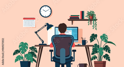 Man working from a home office desk with a computer, plants, calendar, and clock in a cozy flat illustration.