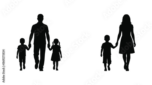 A family of five walking together depicted as a dark silhouette