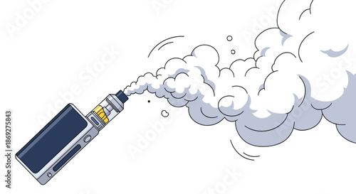 Electronic cigarette device emitting a large cloud of white vapor in a comic book or cartoon illustration style.
