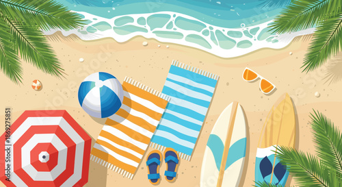 Overhead view of a sunny beach with waves, surfboards, towels, umbrellas, flip-flops, and sunglasses on golden sand.
