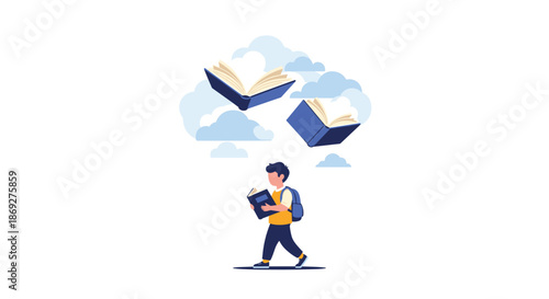 Young student with a backpack walking and reading a book while other books fly among the clouds above him for education concept.