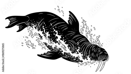 Dramatic Swimming Walrus illustration, showing powerful animal movement with expressive brush strokes. Black ink on white paper depicts a dynamic Swimming Walrus.