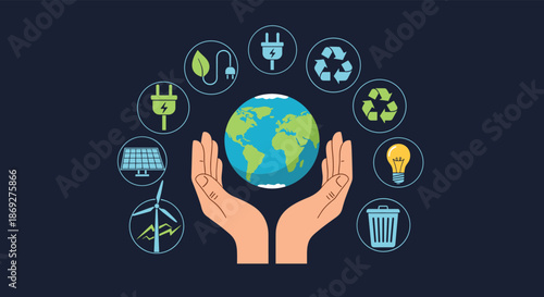 Human hands holding the earth surrounded by environmental icons for renewable energy, recycling, and sustainable living.