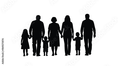 A family of six people holding hands depicted as a dark silhouette