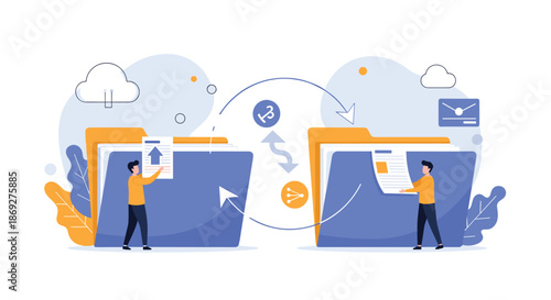 Flat vector illustration of data synchronization and file sharing between two large folders managed by small people.
