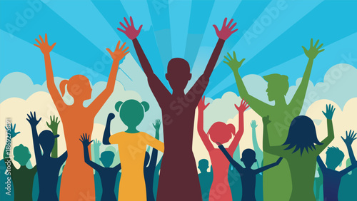 A diverse group of people joyfully raising their hands in the air, celebrating together in a lively atmosphere