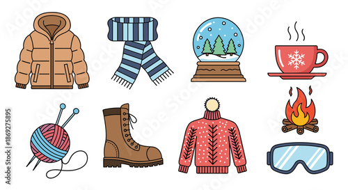 Collection of cozy winter items including a jacket, scarf, boots, sweater, hot drink, and fireplace in a flat icon style.