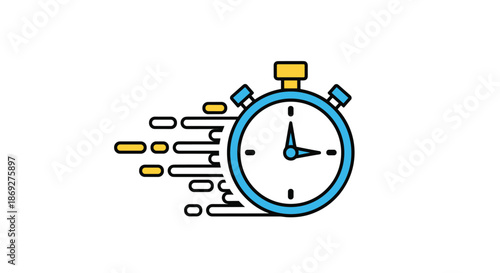 Colorful stopwatch icon with motion lines representing speed, time management, and fast service on a white background.