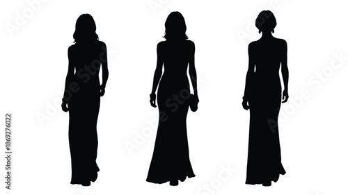 Three elegant women in formal dresses a striking black silhouette
