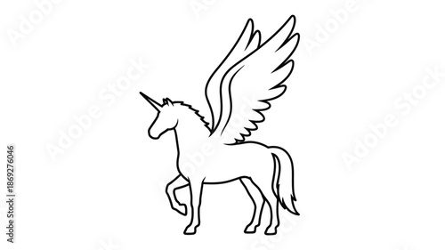 A beautiful winged unicorn illustration in a simple black and white silhouette