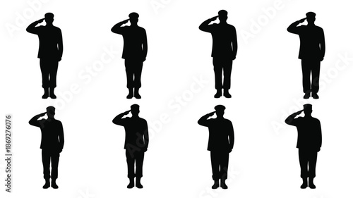 A row of soldiers saluting with respect and honor a dark silhouette