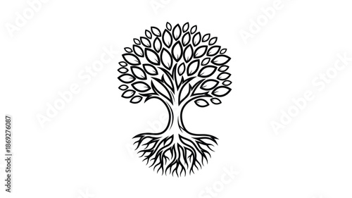 Detailed tree with intricate foliage and root system black and white silhouette