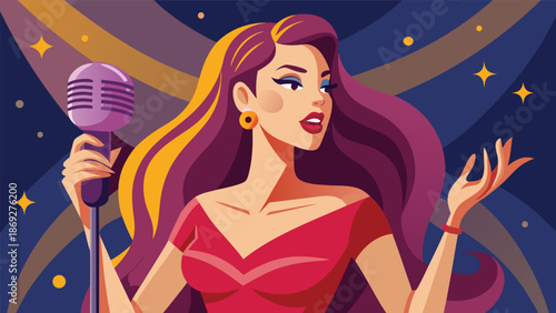 A woman passionately singing into a microphone on stage, with bright lights illuminating her face