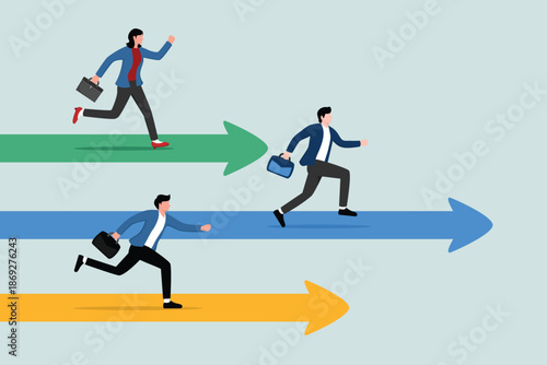 Business competition, rivalry against competitors to increase sales for victory, the concept of employee performance comparison, male and female entrepreneurs competing on an arrow racing track.
