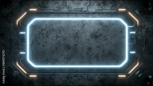 Futuristic metallic cyber frame with glowing neon light borders on heavy textured dark steel backgroun
