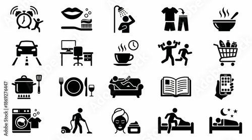 Collection of Simple Black Icons Representing Daily Life.