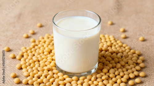 Fresh Still Life: Milk in a Glass Cup and Scattered Soybeans