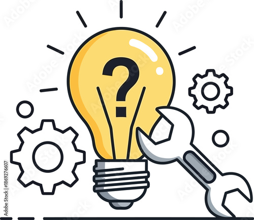 Creative Problem Solving Concept with Glowing Light Bulb and Wrench Icon, Technical Maintenance Support and Innovative Solution Strategy, Engineering Idea Development and Repair Service Graphic.