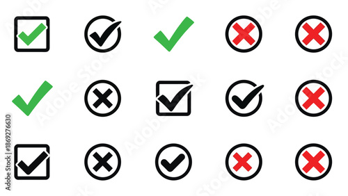 Collection of check marks and x symbols in squares and circles