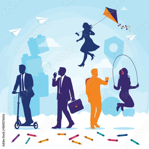 Creative Business Professionals Silhouettes Engaging in Playful Activities like Flying Kites, Jumping Rope, and Riding Scooters Representing Work Life Balance, Innovation, and Inner Child.