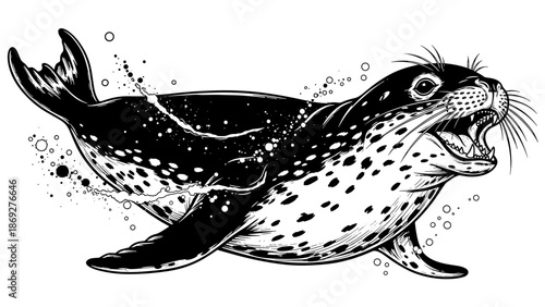 Toothy leopard seal in dramatic Japanese ink painting, black on white