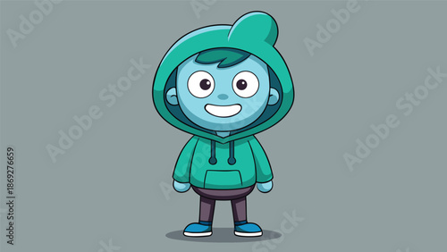 Cartoon image of a blue alien wearing a hoodie, featuring large eyes and a playful expression