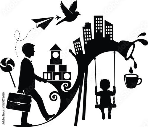 Conceptual Silhouette Illustration Representing Work Life Balance Career Professional Man Balancing Business Responsibilities Childhood Memories Family Parenting and Personal Growth Concept.