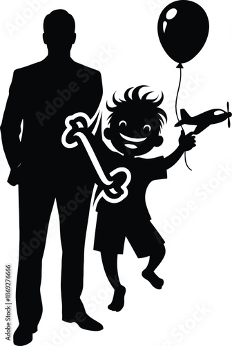 Silhouette Concept of Father and Son Bond Illustrating Childhood Joy and Business Professionalism with Child Holding Balloon and Toy Airplane Next to Father in Suit for Family Career Balance.
