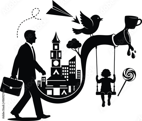Silhouette Concept of Father and Son Bond Illustrating Childhood Joy and Business Professionalism with Child Holding Balloon and Toy Airplane Next to Father in Suit for Family Career Balance.