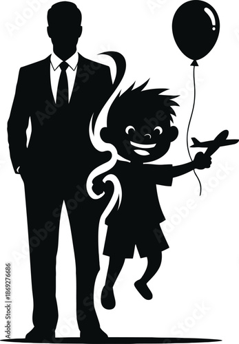 Concept of Inner Child and Personal Growth Silhouette Vector Featuring a Professional Businessman in a Suit Standing Next to a Happy Young Boy Playing with a Toy Airplane and a Balloon.