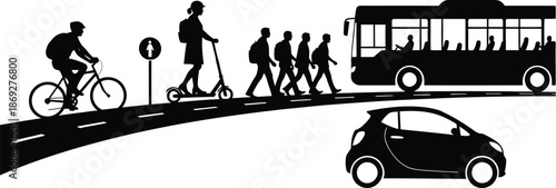 Silhouettes of People Using Various Transportation Methods Including Bicycle, Scooter, Walking, Bus, and Small Electric Car, Concept of Urban Mobility and Sustainable City Commuting.