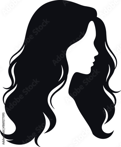Beautiful woman long wavy hair silhouette illustration with elegant profile modern beauty fashion concept black vector isolated background
