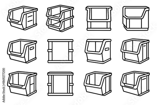 Stackable modular bin compact industrial side aesthetic edges vector supply access container